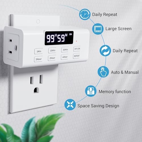 COKWEL Countdown Timer Outlet, Up to 99 Hours, Large Screen and Repeat Function, Inodoor Auto Shut Off Timers for Charger Light Vacation Security,Digital Timers for Electrical Outlets 2 Pack - Image 2