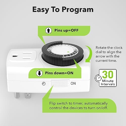 BN-LINK BND-60/U47 Indoor Mini 24-Hour Mechanical Outlet Timer, 3-Prong, 2-Pack - Image 3