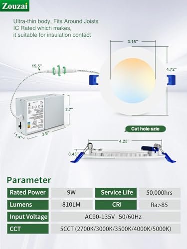 zouzai 12 Pack 4 Inch 5CCT Ultra-Thin LED Recessed Ceiling Light with Junction Box, 2700K/3000K/3500K/4000K/5000K Selectable, 9W Eqv 80W, Dimmable, led can Lights - ETL and Energy Star Certified - Image 4