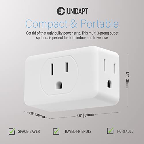 Unidapt 3 Outlet Multi Plug Wall Adapter, Multiple Outlet Splitter, Extender Grounded Wall Tap Power Plug Expander for Cruise Ship Home Office Dorm Essentials, 2-Pack - Image 3