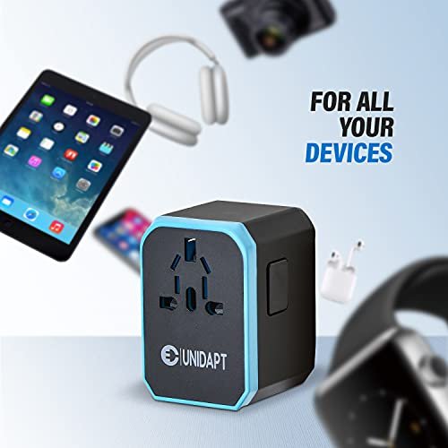 Unidapt Universal Travel Adapter, European Travel Plug Adapter - International Power Adapter Worldwide Charger with USB-C & 4 USB Ports, Travel Essentials for Italy, Japan, Europe, UK (UA-101, Blue) - Image 5