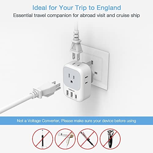 US to UK Plug Adapter, TESSAN Type G Travel Converter with 3 USB Charger(1 USB C Port), 4 Outlets Power Adaptor for USA to Qatar Ireland Hong Kong England Scotland Kenya Dubai London British - Image 5