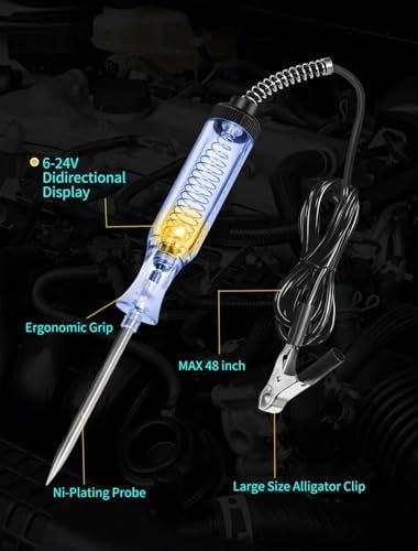 Test Light Automotive,Circuit Tester 6V-12V-24V,ABS Handle Material,Long Steel Probe Coating PU and Alligator Clip, for Continuity Voltage, for Sedan, SUV, RV, Truck (Black,1-Pack) - Image 5