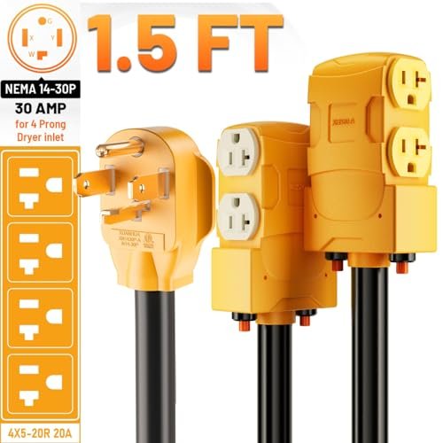 MECMO Dryer 4-Prong 30 AMP to 20 Amp 110V Dryer Distribution Adapter, NEMA 14-30P to 4X 5-15R 5-20R Dryer Wall Socket 4 Prong to Four T-Blade Household Outlet w/ 24amp Circuit Breaker, ETL Listed - Image 2