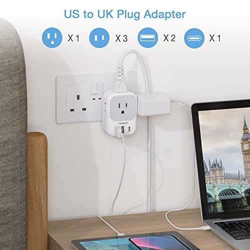 US to UK Plug Adapter, TESSAN Type G Travel Converter with 3 USB Charger(1 USB C Port), 4 Outlets Power Adaptor for USA to Qatar Ireland Hong Kong England Scotland Kenya Dubai London British - Image 2