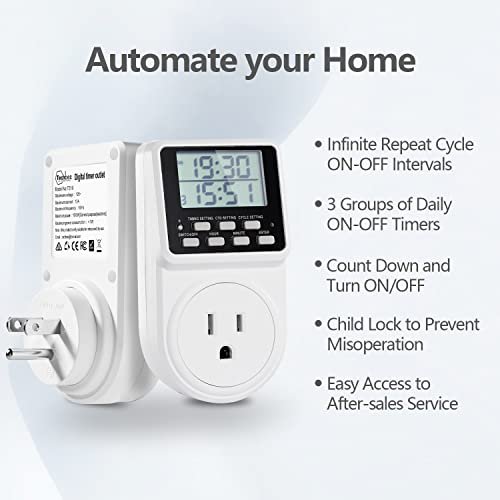 Techbee Digital Infinite Repeat Cycle Intermittent Timer Plug for Electrical Outlet, 24 Hour Programmable Indoor Timed Power Switch with Countdown Delay On and Off (120V, 15A), 1 pack - Image 2