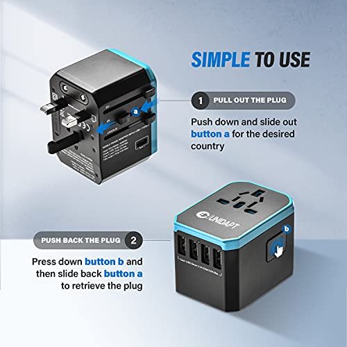 Unidapt Universal Travel Adapter, European Travel Plug Adapter - International Power Adapter Worldwide Charger with USB-C & 4 USB Ports, Travel Essentials for Italy, Japan, Europe, UK (UA-101, Blue) - Image 3