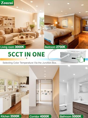 zouzai 12 Pack 4 Inch 5CCT Ultra-Thin LED Recessed Ceiling Light with Junction Box, 2700K/3000K/3500K/4000K/5000K Selectable, 9W Eqv 80W, Dimmable, led can Lights - ETL and Energy Star Certified - Image 2