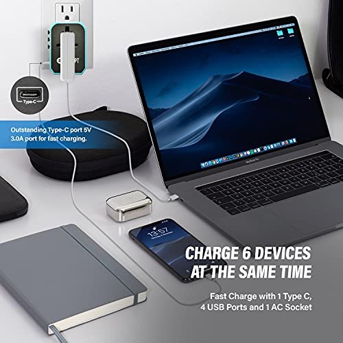 Unidapt Universal Travel Adapter, European Travel Plug Adapter - International Power Adapter Worldwide Charger with USB-C & 4 USB Ports, Travel Essentials for Italy, Japan, Europe, UK (UA-101, Blue) - Image 2