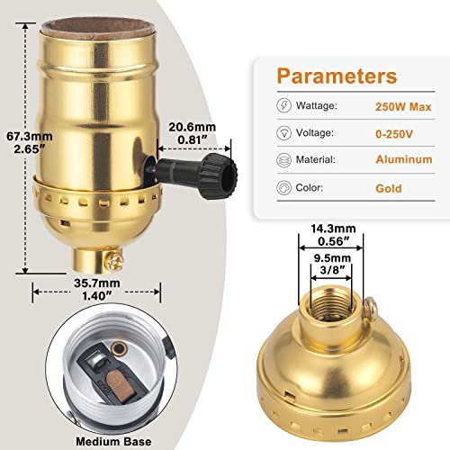 DiCUNO UL Listed 3-Way Lamp Socket Replacement, E26 Standard Threaded Base Light Socket, Turn Switch Knob for Low-Medium-High Light Settings, DIY Project, Table, Floor Lamp Repair Kit, 1-Pack, (Gold) - Image 2