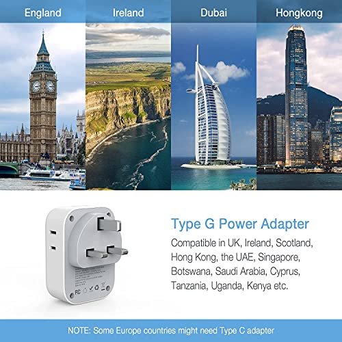 US to UK Plug Adapter, TESSAN Type G Travel Converter with 3 USB Charger(1 USB C Port), 4 Outlets Power Adaptor for USA to Qatar Ireland Hong Kong England Scotland Kenya Dubai London British - Image 4