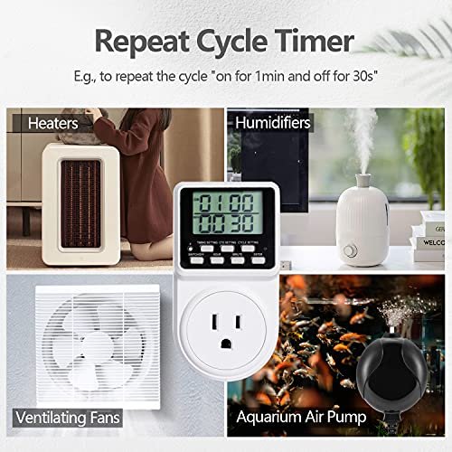 Techbee Digital Infinite Repeat Cycle Intermittent Timer Plug for Electrical Outlet, 24 Hour Programmable Indoor Timed Power Switch with Countdown Delay On and Off (120V, 15A), 1 pack - Image 4
