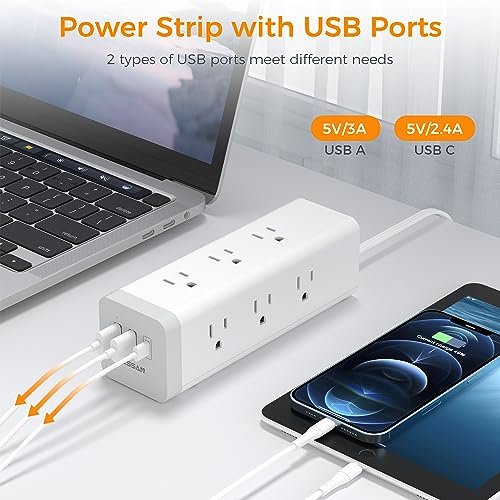 Surge Protector Power Strip with USB, TESSAN Ultra Thin Flat Plug 6 FT Extension Cord with 9 Outlets 3 USB(1 USB C), 1050 J Surge Protector Charging Station for Indoor,Office, Dorm Room Essentials - Image 3