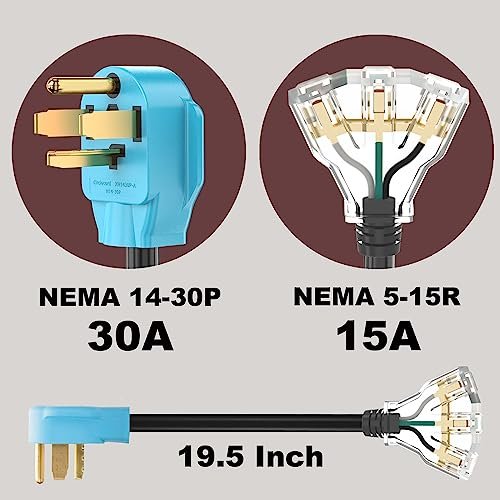 CircleCord 4 Prong 30 Amp to 110V Dryer Distribution Adapter Cord, NEMA 14-30P Male to 3X 5-15R T-Blade Household Outlet Female with LED Power Indicator - Image 2