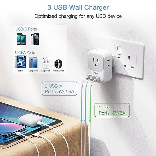 US to UK Plug Adapter, TESSAN Type G Travel Converter with 3 USB Charger(1 USB C Port), 4 Outlets Power Adaptor for USA to Qatar Ireland Hong Kong England Scotland Kenya Dubai London British - Image 3